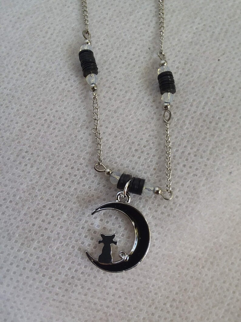 Black Crescent Moon Silver Cat Pendant Choker Necklace Glass Moonstone ...