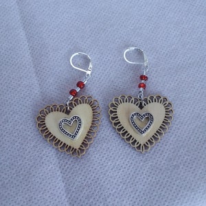 Wood heart silver heart charm fire polished red silver seed bead leverback earrings hypoallergenic gifts for her valentine day free shipping