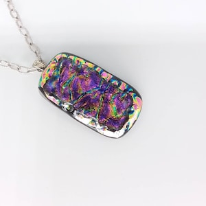 Bold glass black purple gold foil statement pendant silver necklace Aurora borealis crinkle look free shipping birthdays man woman gifts