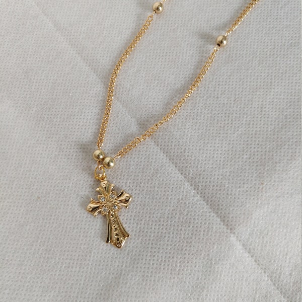 Long gold chain gold beads crystal cross pendant necklace Free shipping gift for her fashion jewelry religious dressy casual men's women's