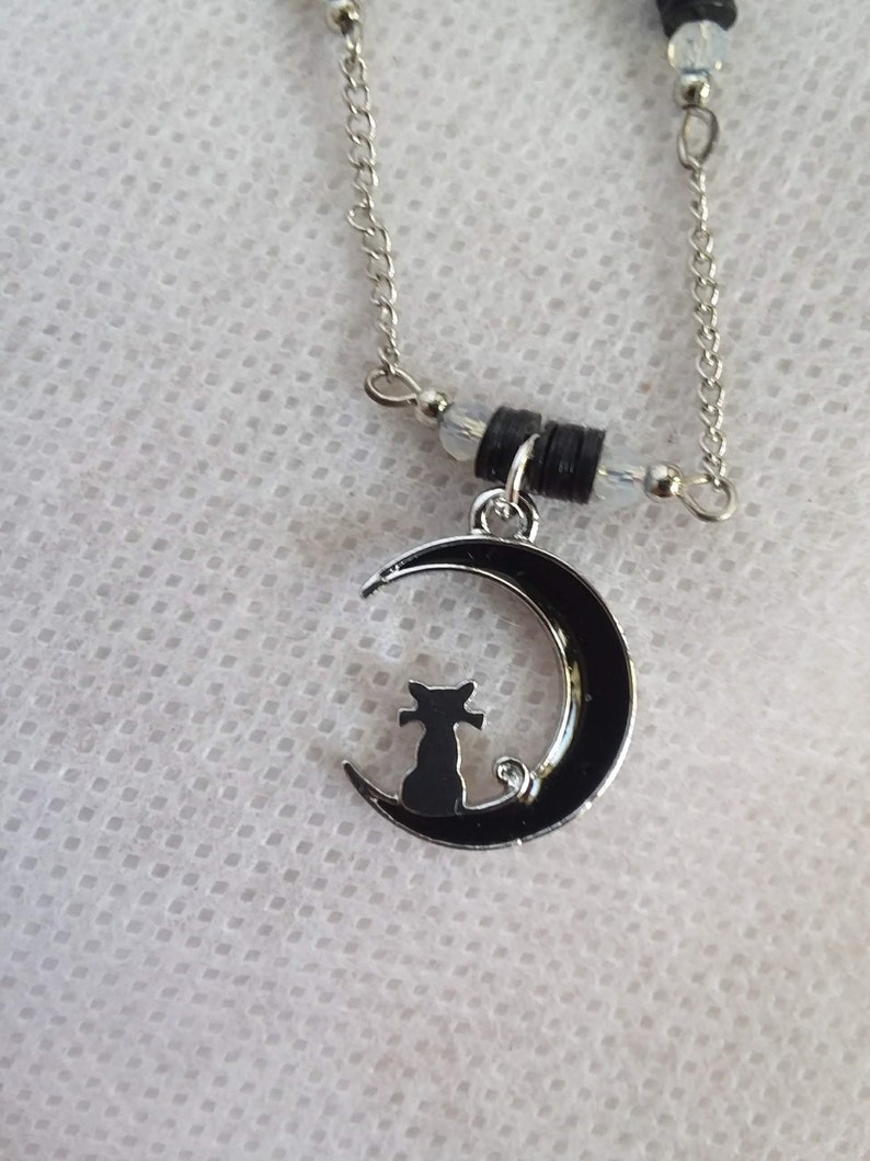Black Crescent Moon Silver Cat Pendant Choker Necklace Glass Moonstone ...