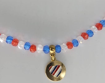 Red blue clear glass crystal beads patriotic necklace heart stripes pendant gold spacers July 4th jewelry free shipping Independence day
