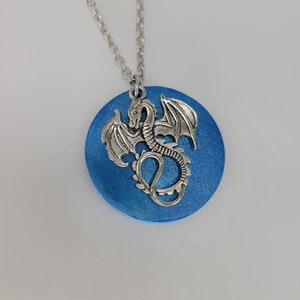 Metallic blue wood silver dragon pendent necklace fantasy jewelry silver chain Gothic style gifts birthday Christmas lightweight Mythic wing