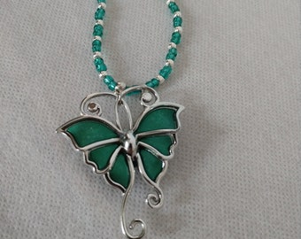 Green silver butterfly pendant green silver seed bead necklace handmade free shipping gift for her spring fashion jewelry Easter mothers day