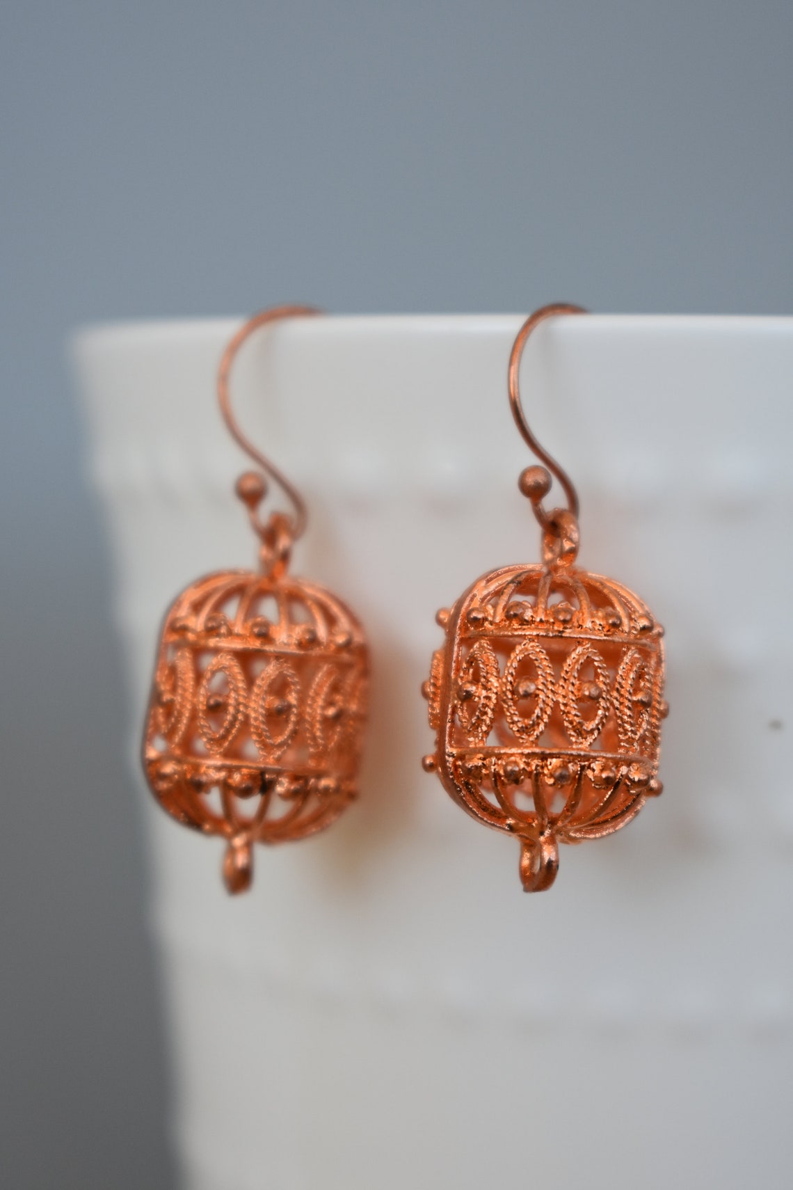 Elegant Copper Cage Earrings Intricate Copper Bead Drop Etsy UK