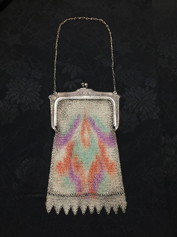 Whiting & Davis painted mesh chatelaine purse - image 1