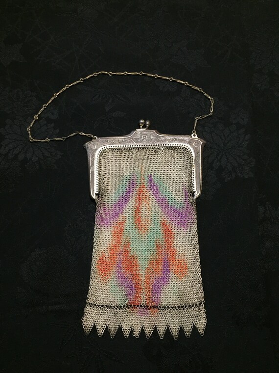 Whiting & Davis painted mesh chatelaine purse - image 2