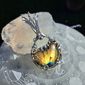 Labradorite Crescent Moon Pendant, Crystal Necklace, Wire Wrapped Jewelry, Witchy Gift, For Her