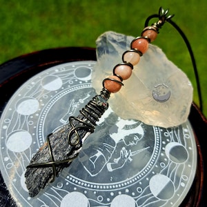 Kyanite Witch&#39;s Broom Pendant: Copper Wire Wrapped Sunstone Necklace
