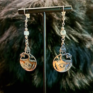 Potion Bottle Earrings: Stainless Steel Witchy Jewelry with White Moonstone gemstone beads