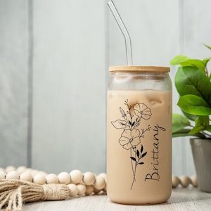 Birth Month Floral Iced Coffee Cup 16oz Glass Cup, Custom Beer Can Glass with Lid and Straw, Bridesmaid Proposal Gift Glass can coffee Cup