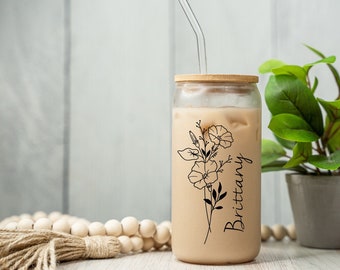 Personalized Iced Coffee Cup 16oz Glass Cup, Custom Beer Can Glass with Lid and Straw, Bridesmaid Proposal Gift Glass can coffee cup
