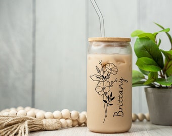 Personalized Iced Coffee Cup 20oz Glass Cup, Custom Beer Can Glass with Lid and Straw, Bridesmaid Proposal Gift Glass can coffee cup