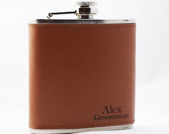 Engraved Flask, Groomsman Gift, Best Man, Father of the Bride, Leather Wrapped