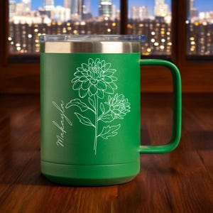 Personalized Birth Flower Insulated Coffee Tumbler with Handle for Sister, Best Friend, Bridesmaid, Personalized Coffee Mug, Travel Mug K255