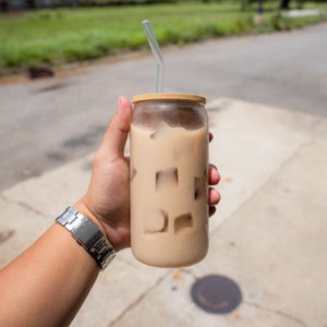 Personalized Iced Coffee Cup 20oz Glass Cup, Custom Beer Can Glass with Lid and Straw, Bridesmaid Proposal Gift Glass can coffee cup image 6