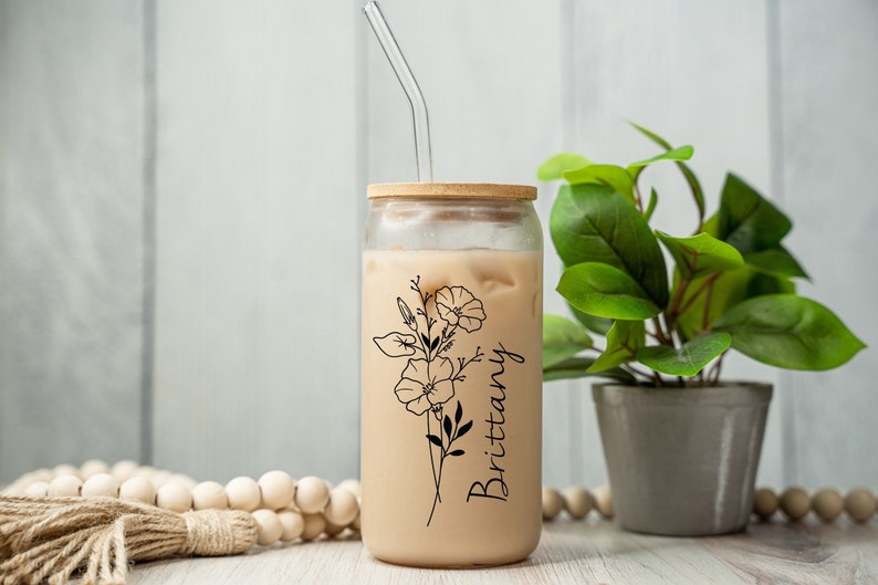 Personalized Iced Coffee Cup 20oz Glass Cup, Custom Beer Can Glass with Lid and Straw, Bridesmaid Proposal Gift Glass can coffee cup image 1