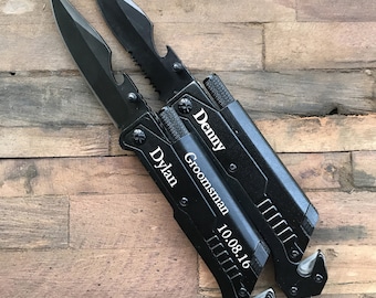 Personalized Tactical Flashlight Knife, Survival gift, pocket knife, hunting knife, multi tool, bottle opener, fire starter, cord cutter