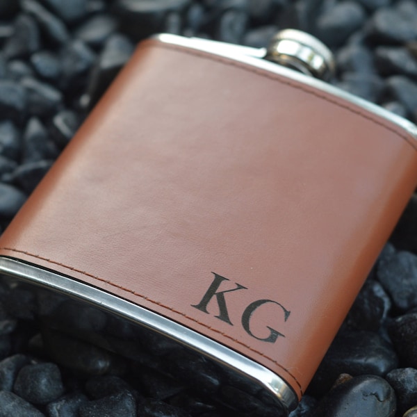Personalized Groomsman Flasks, Leather Wrapped