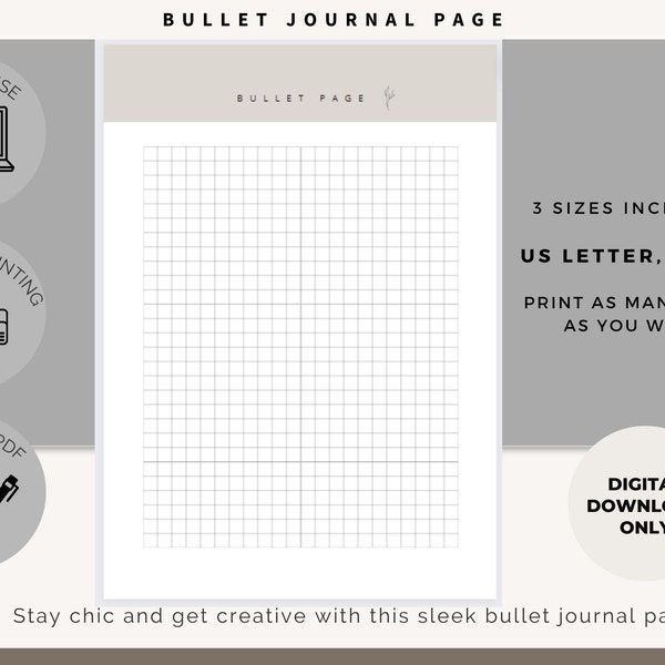 Sleek Minimalistic Bullet Journal Page Digital Printable, creative grid bullet journal entry page printable