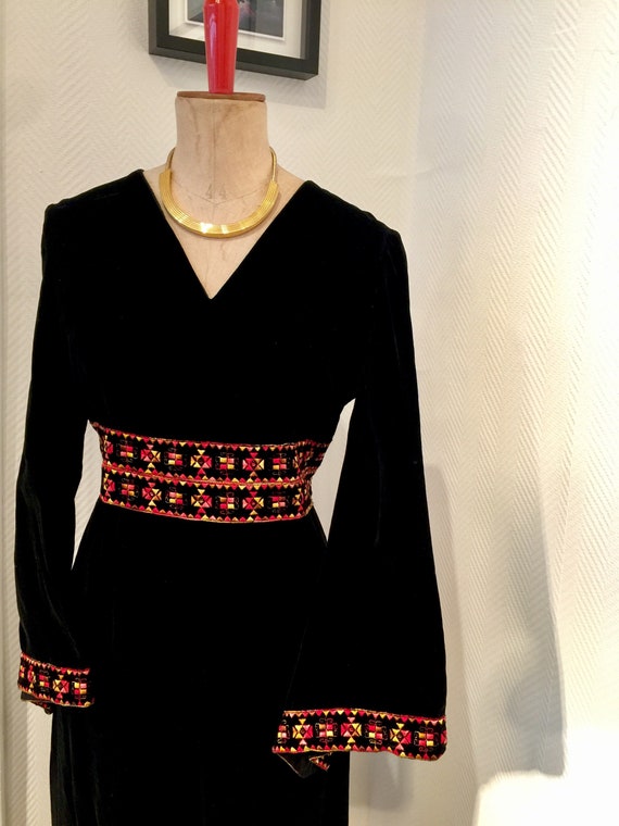 1960s embroidered velvet bell sleve gown