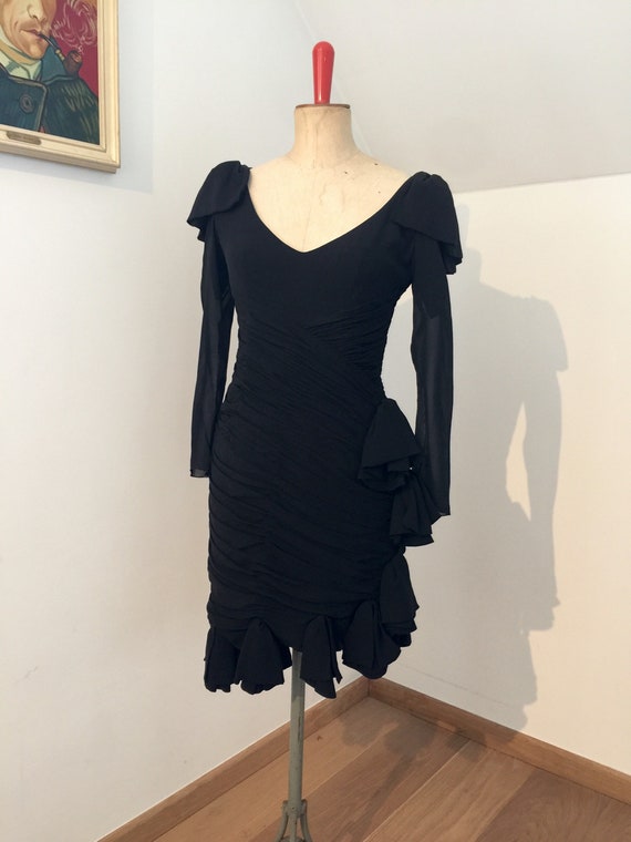 1970s Loris Azzaro black chiffon cocktail gown