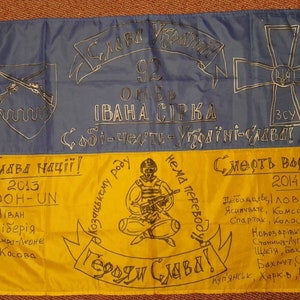 Ukraine Flag signed by Ukranian Forces Soldiers 92 brigade,painted by Ukraine artist Ukrainian National Country Flags, Ukraine Flag Signed