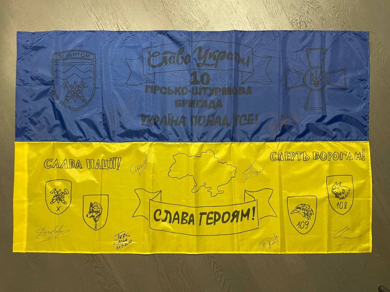 Ukraine Flag signed by Ukranian Forces Soldiers 10 brigade, Ukraine National Country Flag, Ukraine Flag Signed,  Yellow and Blue Flag