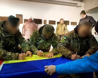 Ukraine Flag signed by Ukranian Armed Forces Soldiers 53 brigade with 9 patches