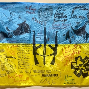 Ukraine Flag signed by Ukranian Armed Forces Soldiers 80 brigade painted by Ukraine artist