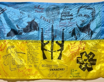 Ukraine Flag signed by Ukranian Armed Forces Soldiers 80 brigade painted by Ukraine artist