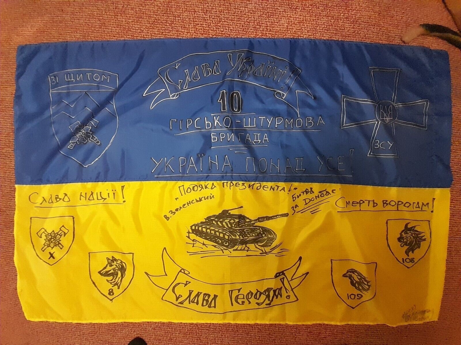 Ukraine Flag signed by Ukranian Forces Soldiers 10 brigade, Ukrainian National Country Flags, Ukraine Flag Signed, Yellow&Blue Flag