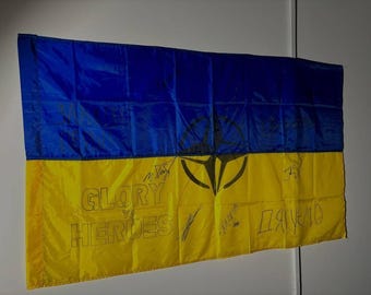Ukraine Flag signed by Ukranian Forces Soldiers of brigades,painted by Ukraine artist and signed by Ukr Sold,country Flag Blue and Yellow