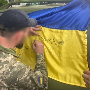 Ukraine Flag signed by Ukranian Armed Forces Soldiers 30 brigade with 5 patches