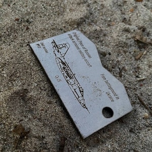 Token of Russian combat airplane made of burned amor Cy 25 recycled in Ukraine, Engraved keychain, Historical Keychain, Unique Keychain