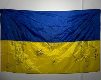 Ukraine Flag signed by Ukranian Armed Forces Soldiers of brigades with 6 patches