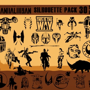 Star Wars The Mandalorian 30 pk PNG en SVG vectorafbeeldingen silhouetten voor stickers vectoren voor Cricut of silhouet (digitale download)