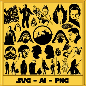 May include: A collection of black and white vector graphics featuring characters and objects from the Star Wars franchise. The graphics include silhouettes of characters like Darth Vader, Yoda, and Luke Skywalker, as well as iconic objects like lightsabers, the Millennium Falcon, and the Death Star. The text "SVG - AI - PNG" is displayed at the bottom of the image.