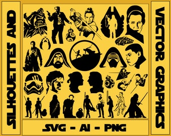 以下が含まれることがあります： スター・ウォーズ・フランチャイズのキャラクターとオブジェクトをフィーチャーした、白黒のベクターグラフィックのコレクション。グラフィックには、ダース・ベイダー、ヨーダ、ルーク・スカイウォーカーなどのキャラクターのシルエット、ライトセーバー、ミレニアム・ファルコン、デス・スターなどの象徴的なオブジェクトが含まれています。画像の下部には「SVG - AI - PNG」というテキストが表示されています。