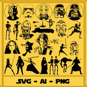 May include: A collection of black and white vector graphics featuring characters and objects from the Star Wars universe. The graphics include Darth Vader, Yoda, R2-D2, Stormtroopers, and more. The graphics are ideal for use in crafting projects, scrapbooking, or digital design.