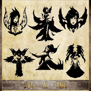 Morgana, the Fallen League of Legends inspirierte 6 pk Vektor Grafiken Silhouetten (Ai, SVG und PNG) für Decals Cricut (Digitaler Download)