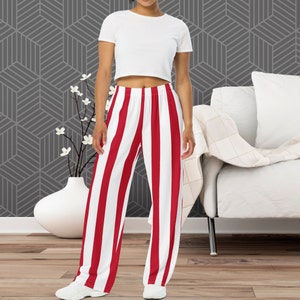Red and White Striped Slacks Game Day Lounge Pants Pajama Elastic Waist Pants Drawstring Valentines Gift  Mens and Womens Striped PJ Holiday