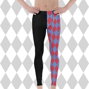 May include: Black and harlequin leggings. One leg is solid black, while the other features a pattern of red diamonds on a light blue background. The leggings have a high waist and a form-fitting design.