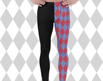 Mens Leggings Harlequin Parti Colored Split Leg Red and Blue With Black Jester Cosplay Festival Rave Tights Carnival Halloween Costume Pants