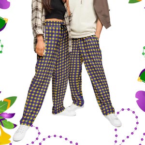Mardi Gras Sweatpants: Purple Gold Green Plaid, Wide Leg Lounge Pants
