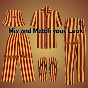 May include: A collection of matching striped apparel in yellow and maroon. The set includes a bucket hat, short-sleeved button-up shirt, lounge pants, joggers, and flip-flops. The text "Mix and Match your Look" is displayed.