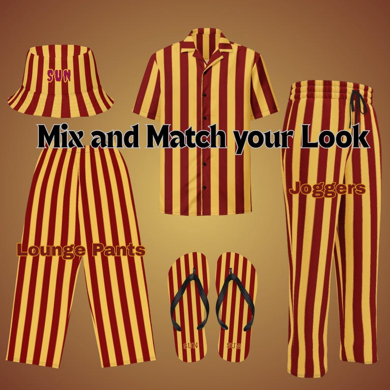 May include: A collection of matching striped apparel in yellow and maroon. The set includes a bucket hat, short-sleeved button-up shirt, lounge pants, joggers, and flip-flops. The text "Mix and Match your Look" is displayed.