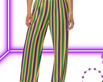 Mardi Gras randiga loungebyxor med vida ben: Lila, grönt och guld