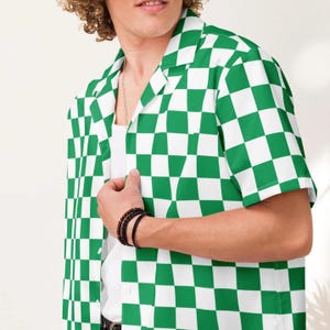 Green Checkerboard Button-Up Shirt: Lightweight Recycled Polyester