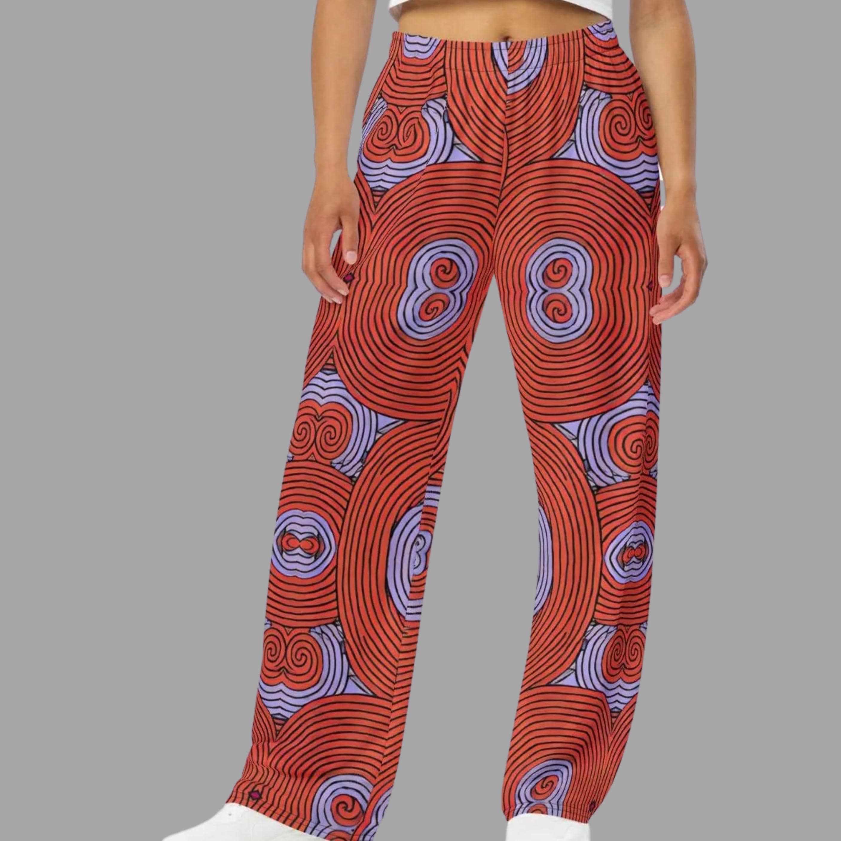 Red & Blue Swirl Wide-Leg Lounge Pants: Abstract Print Festival Wear